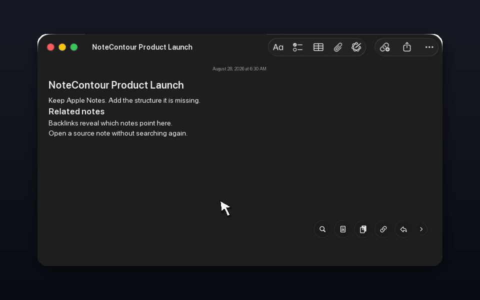 NoteContour opens backlinks and jumps to a related Apple Note