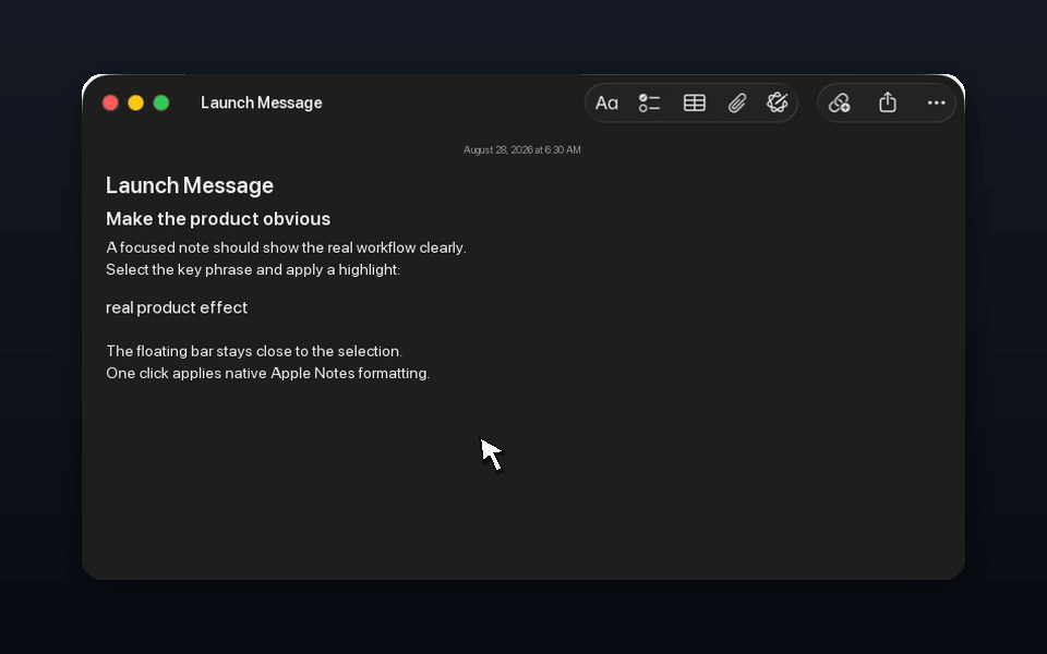 Selected Apple Notes text is highlighted from NoteContour's floating format bar
