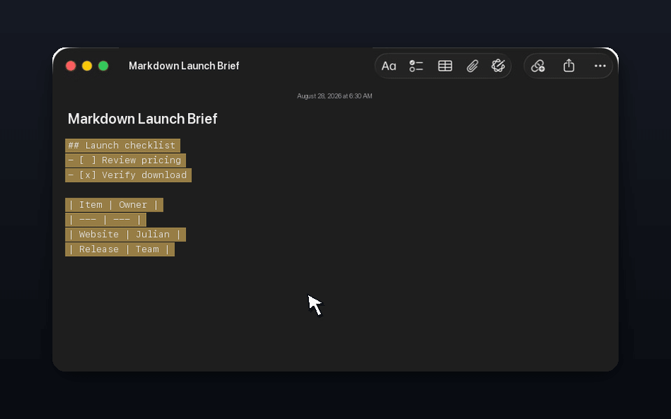 Markdown becomes native Apple Notes headings, tasks, and a table
