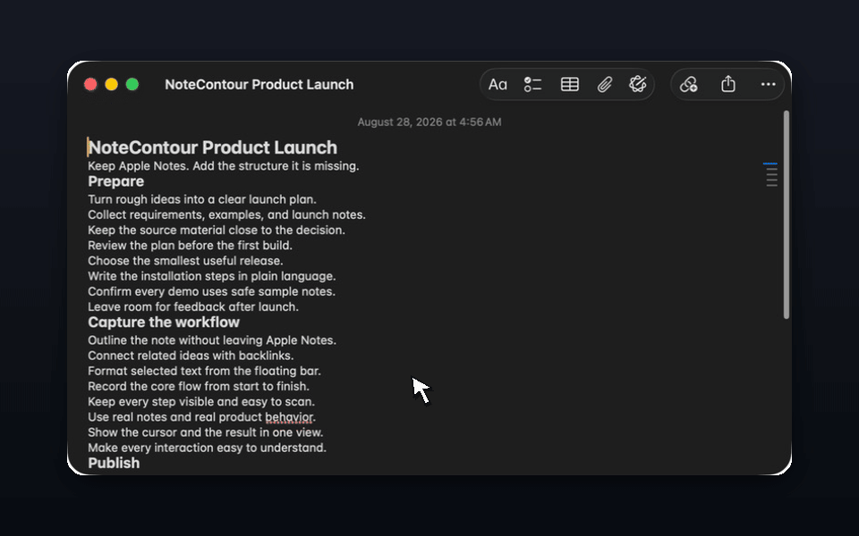 Cursor expands NoteContour's outline and jumps to a heading in Apple Notes