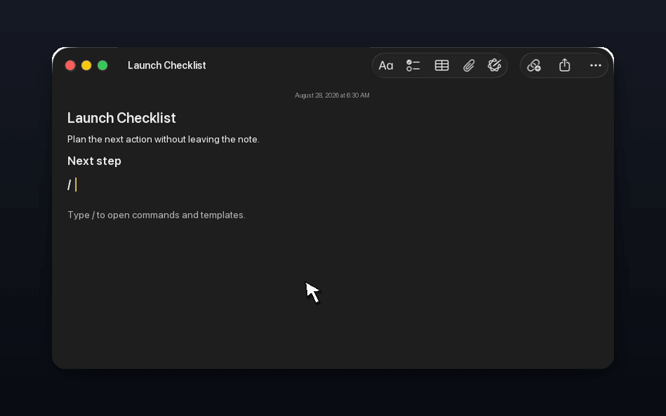 A slash command inserts a native checklist into Apple Notes