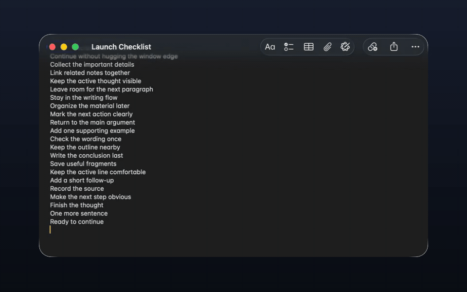 The space slash command keeps the active writing line near the middle of Apple Notes with blank space below